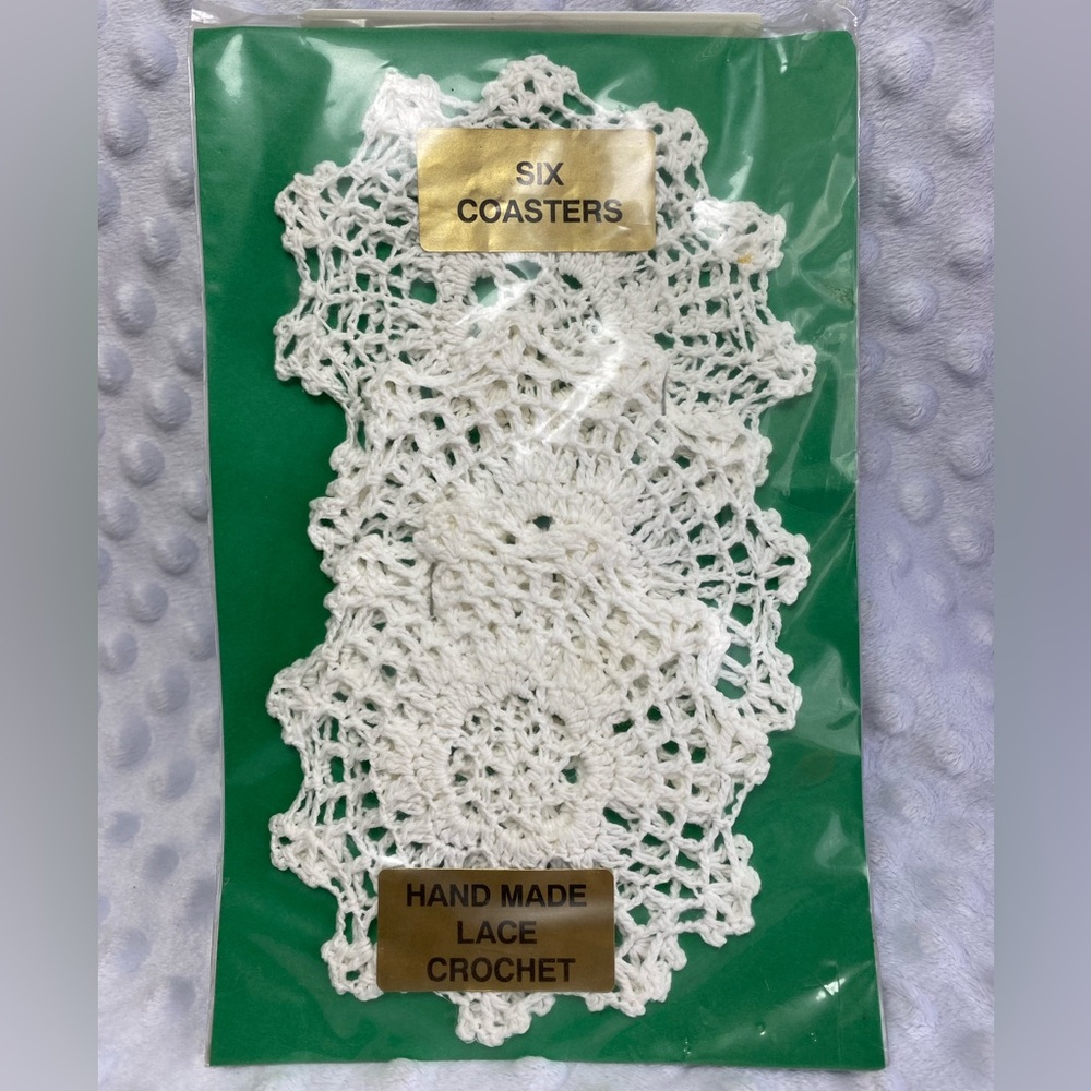 Set of Six (6) Handmade Lace Crochet Coasters - New in original packaging